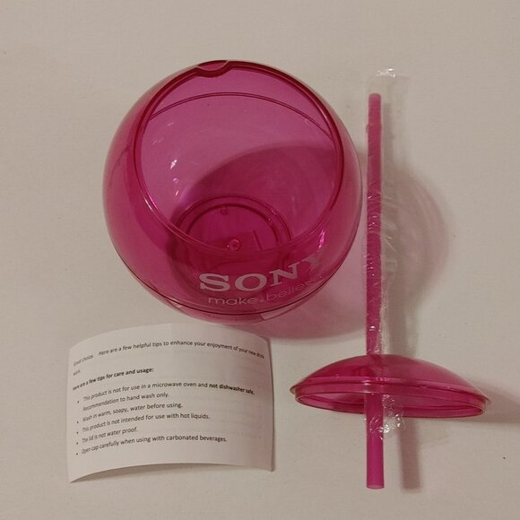 CUTE SONY Music Round Pink Sipper Water Bottle Travel Mug w/Straw BNIP - Picture 7 of 7